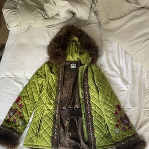 Green Embroidered Puffy/Ski Coat with Fur Hood